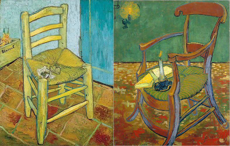 Las sillas de Van Gogh es una obra díptica en la que compara su propia personalidad con la de su colega Gauguin.
